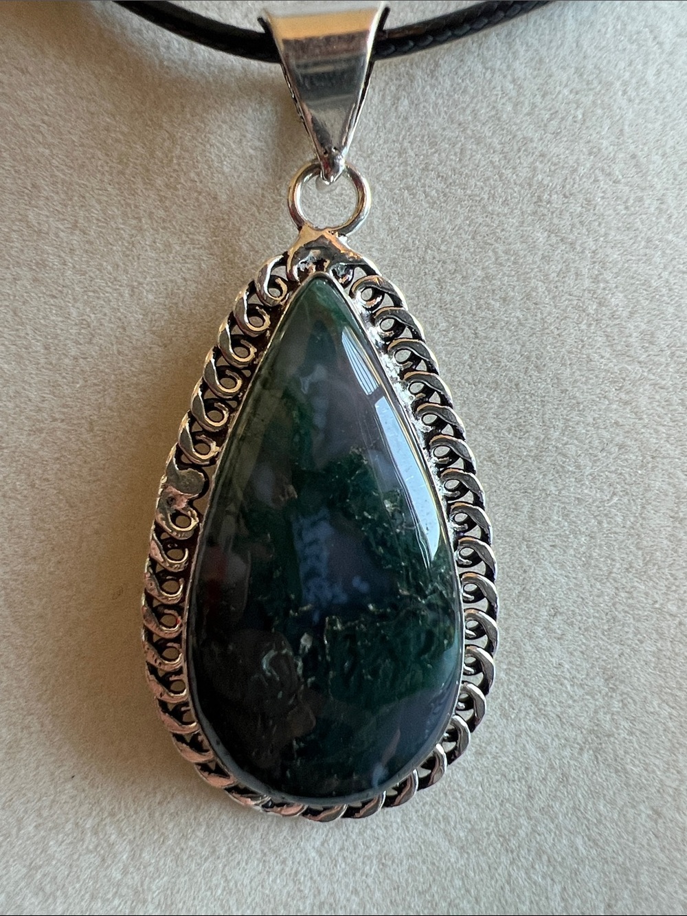 Teardrop Dark Green Moss Agate Pendant Necklace